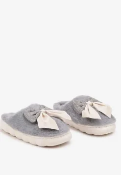 Szare Kapcie z Dużą Kokardą i Futerkiem Naonelle