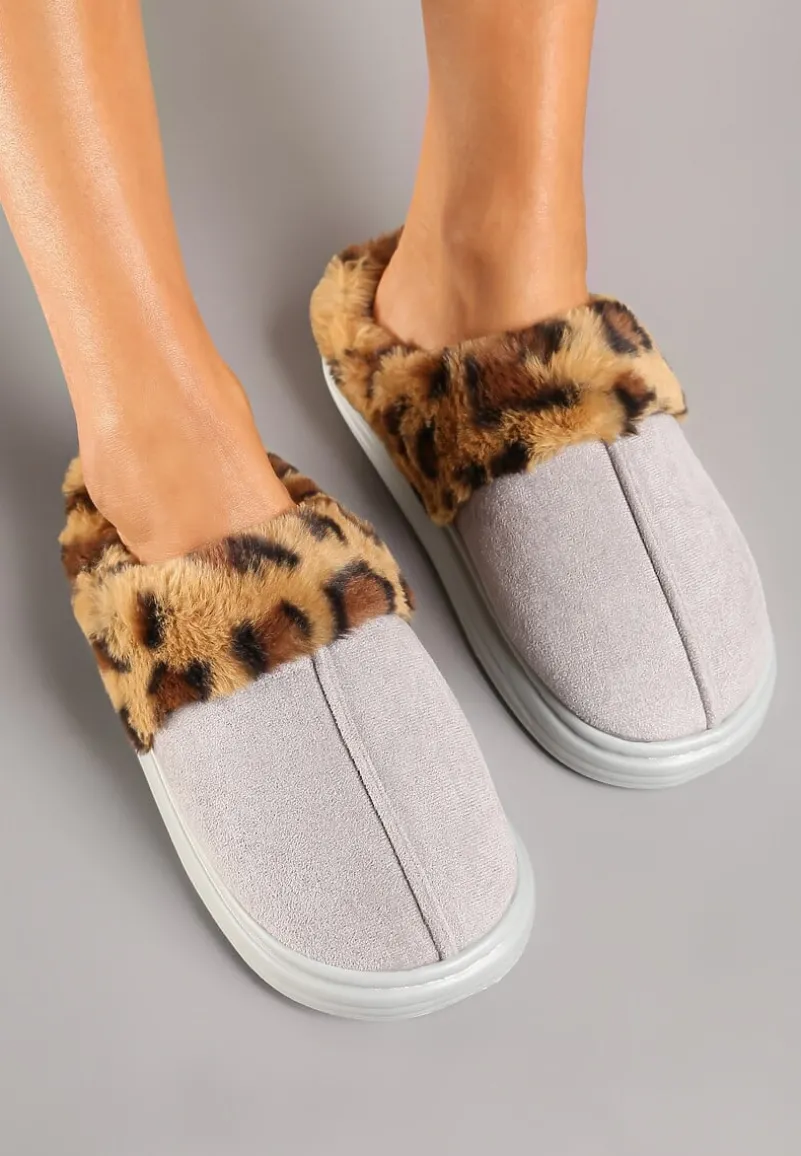 Szare Kapcie z Ekozamszu z Ozdobnym Futrem w Panterkowy Wzór Emmidra