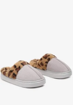 Szare Kapcie z Ekozamszu z Ozdobnym Futrem w Panterkowy Wzór Emmidra