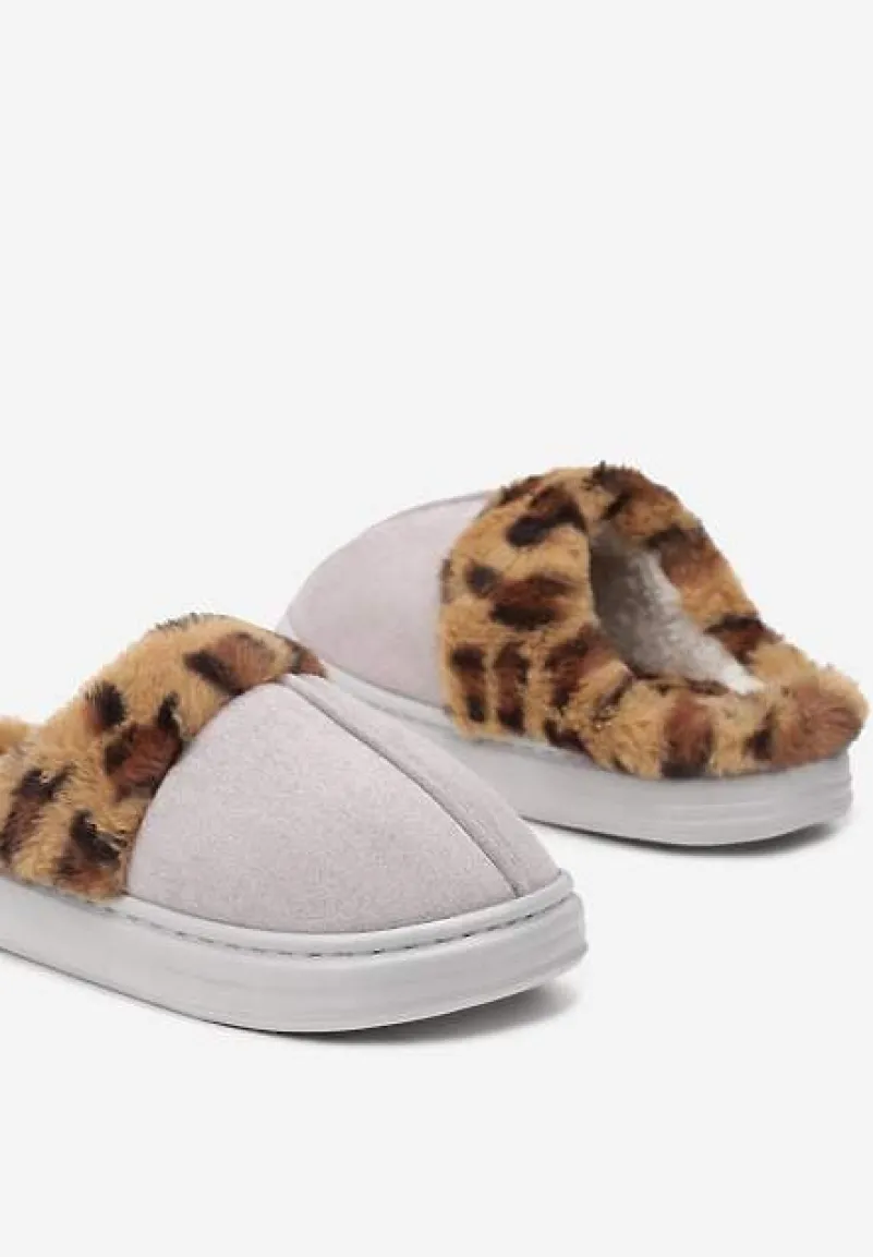 Szare Kapcie z Ekozamszu z Ozdobnym Futrem w Panterkowy Wzór Emmidra