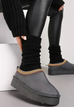 Szare Kapcie z Ekozamszu na Platformie Ozdobione Wzorzystą Tasiemką Pladina