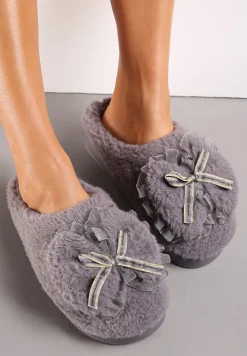 Szare Kapcie z Futerka Ozdobione Kokardką Nuvimes