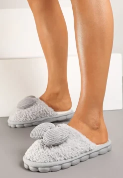 Szare Kapcie z Futerka z Kokardką na Ozdobnej Podeszwie Vamissa