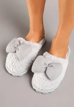 Szare Kapcie z Futerka z Kokardką na Ozdobnej Podeszwie Vamissa