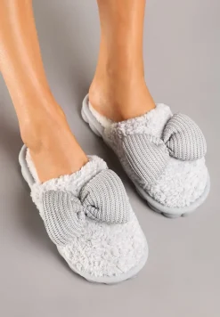 Szare Kapcie z Futerka z Kokardką na Ozdobnej Podeszwie Vamissa