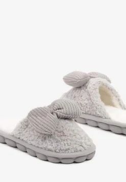Szare Kapcie z Futerka z Kokardką na Ozdobnej Podeszwie Vamissa