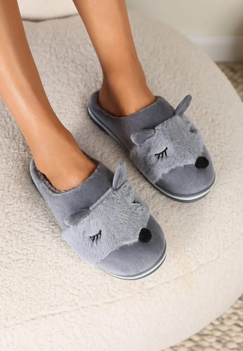 Szare Kapcie z Futerkiem i Imitacją Uszu Bervenka