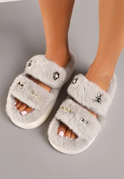 Szare Kapcie z Futerkiem na Grubej Podeszwie Ozdobione Aplikacjami 3D Riamaya