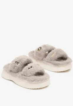 Szare Kapcie z Futerkiem na Grubej Podeszwie Ozdobione Aplikacjami 3D Riamaya
