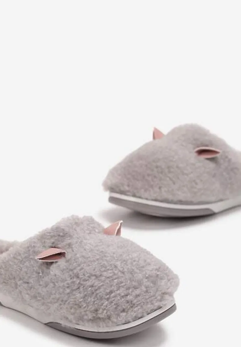 Szare Kapcie z Futerkiem i Motywem Uszu Iratimi