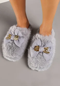 Szare Kapcie z Futerkiem Zdobione Kokardą z Metalowymi Aplikacjami Filora