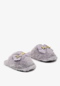 Szare Kapcie z Futerkiem Zdobione Kokardą z Metalowymi Aplikacjami Filora