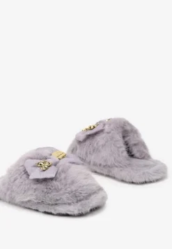 Szare Kapcie z Futerkiem Zdobione Kokardą z Metalowymi Aplikacjami Filora