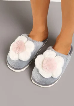 Szare Kapcie z Futerkiem i Ozdobną Kwiatową Aplikacją Neallith