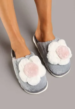Szare Kapcie z Futerkiem i Ozdobną Kwiatową Aplikacją Neallith