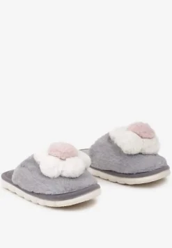 Szare Kapcie z Futerkiem i Ozdobną Kwiatową Aplikacją Neallith
