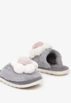 Szare Kapcie z Futerkiem i Ozdobną Kwiatową Aplikacją Neallith
