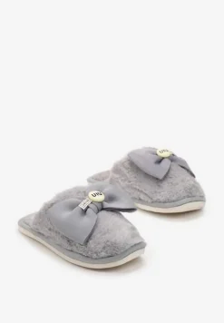 Szare Kapcie z Miękkiego Futerka Ozdobione Kokardą Adeltta