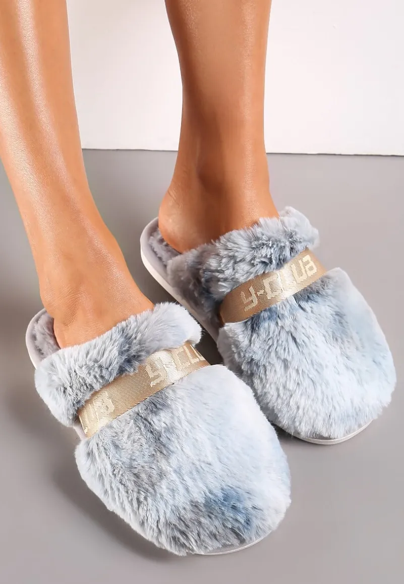 Szare Kapcie z Ozdobną Tasiemką i Sztucznym Futerkiem Demiopa
