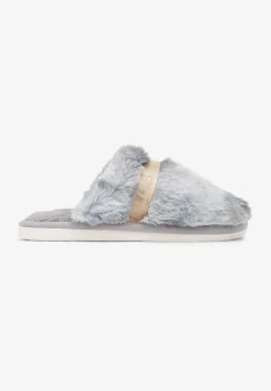 Szare Kapcie z Ozdobną Tasiemką i Sztucznym Futerkiem Demiopa