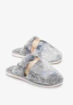 Szare Kapcie z Ozdobną Tasiemką i Sztucznym Futerkiem Demiopa