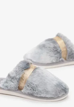 Szare Kapcie z Ozdobną Tasiemką i Sztucznym Futerkiem Demiopa