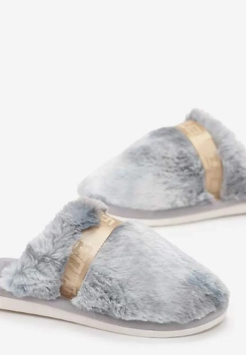 Szare Kapcie z Ozdobną Tasiemką i Sztucznym Futerkiem Demiopa