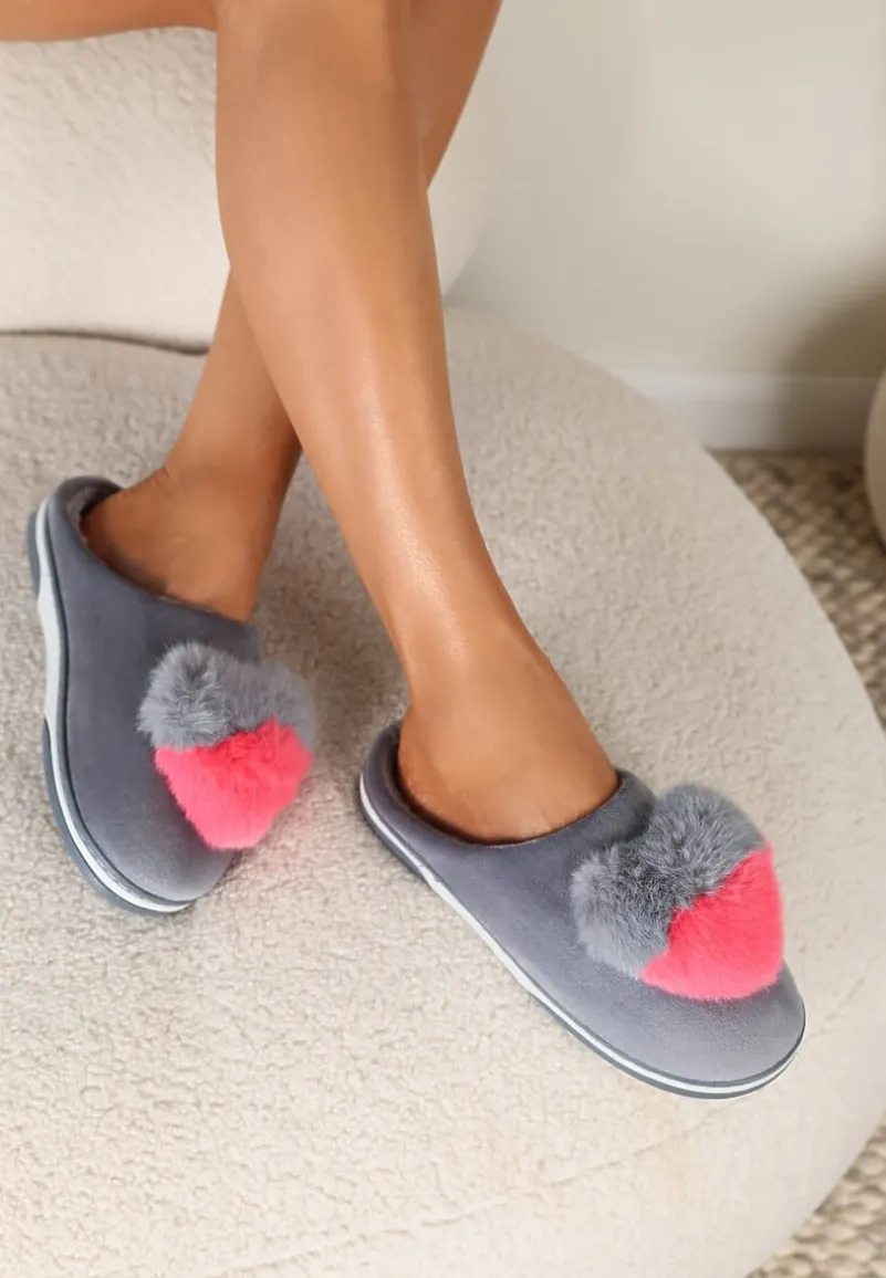 Szare Kapcie z Pomponem w Kształcie Serduszka z Futerka Rafima