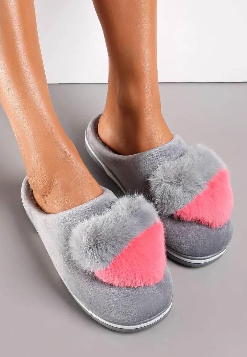 Szare Kapcie z Pomponem w Kształcie Serduszka z Futerka Rafima
