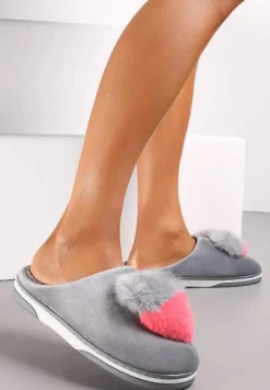 Szare Kapcie z Pomponem w Kształcie Serduszka z Futerka Rafima