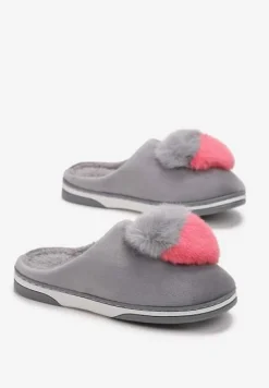 Szare Kapcie z Pomponem w Kształcie Serduszka z Futerka Rafima