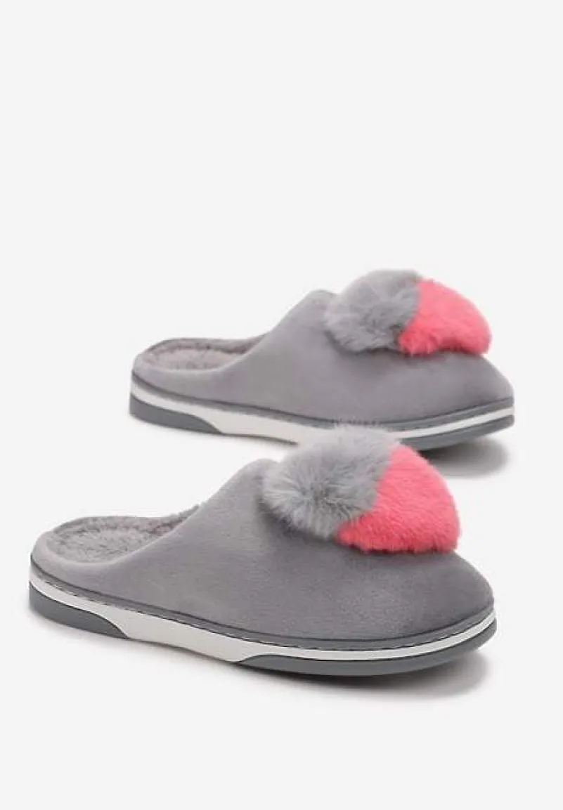 Szare Kapcie z Pomponem w Kształcie Serduszka z Futerka Rafima