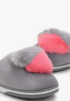 Szare Kapcie z Pomponem w Kształcie Serduszka z Futerka Rafima