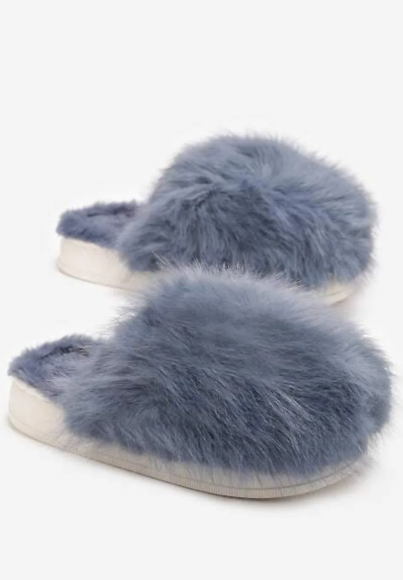 Szare Kapcie ze Sztucznym Futrem na Grubej Podeszwie Demofa