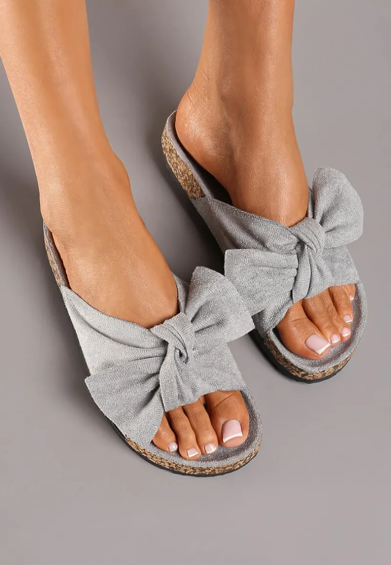 Szare Klapki na Korkowej Podeszwie Zdobione Kokardką Abiding