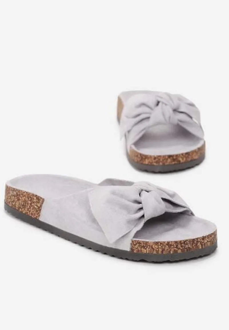 Szare Klapki na Korkowej Podeszwie Zdobione Kokardką Abiding