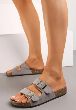 Szare Klapki z Ekozamszu z Profilowaną Wkładką z Paskami i Klamrami Lettiea