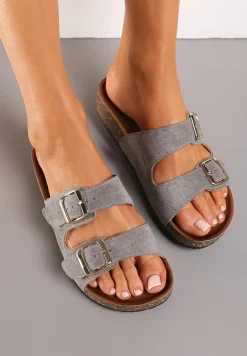 Szare Klapki z Ekozamszu z Profilowaną Wkładką z Paskami i Klamrami Lettiea