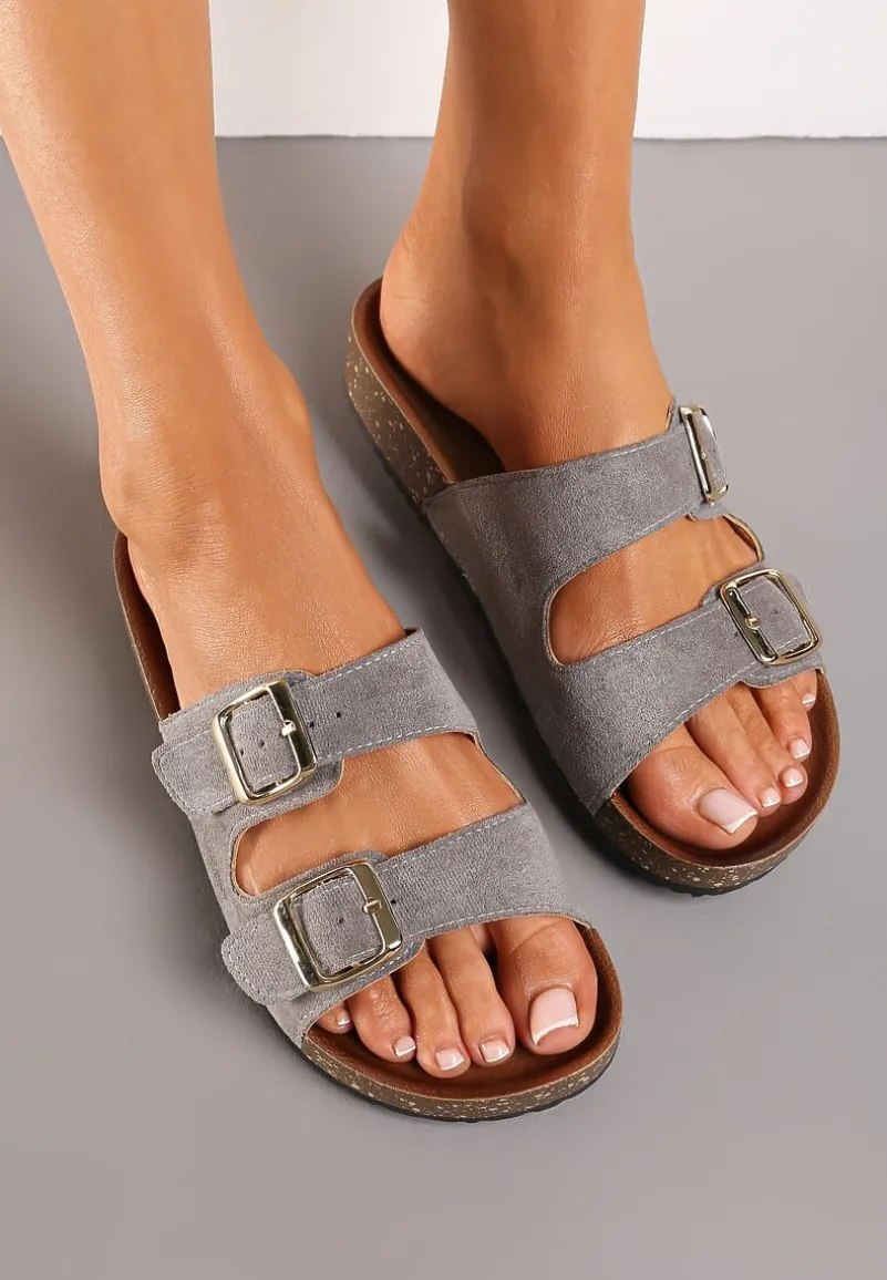 Szare Klapki z Ekozamszu z Profilowaną Wkładką z Paskami i Klamrami Lettiea