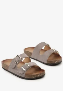 Szare Klapki z Ekozamszu z Profilowaną Wkładką z Paskami i Klamrami Lettiea