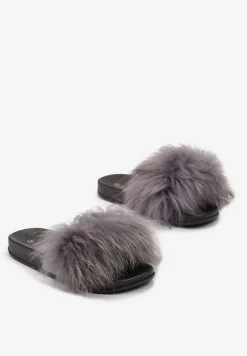 Szare Klapki z Ozdobnym Futerkiem Purunia