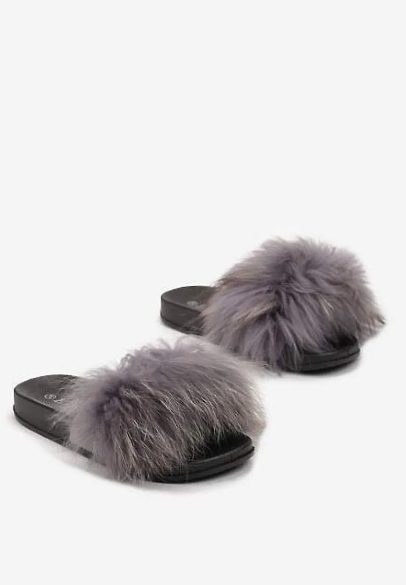 Szare Klapki z Ozdobnym Futerkiem Purunia