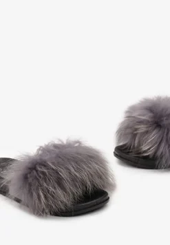 Szare Klapki z Ozdobnym Futerkiem Purunia