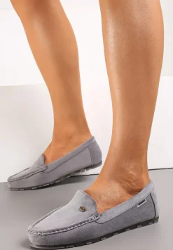 Szare Klasyczne Mokasyny z Ekozamszu z Wkładką ze Skóry Naturalnej Nemese