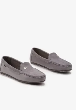 Szare Klasyczne Mokasyny z Ekozamszu z Wkładką ze Skóry Naturalnej Nemese