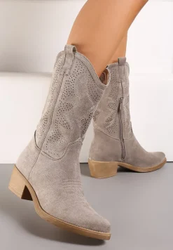 Szare Kowbojki Botki z Ozdobnymi Dziurkami na Łydce przed Kolano Erida