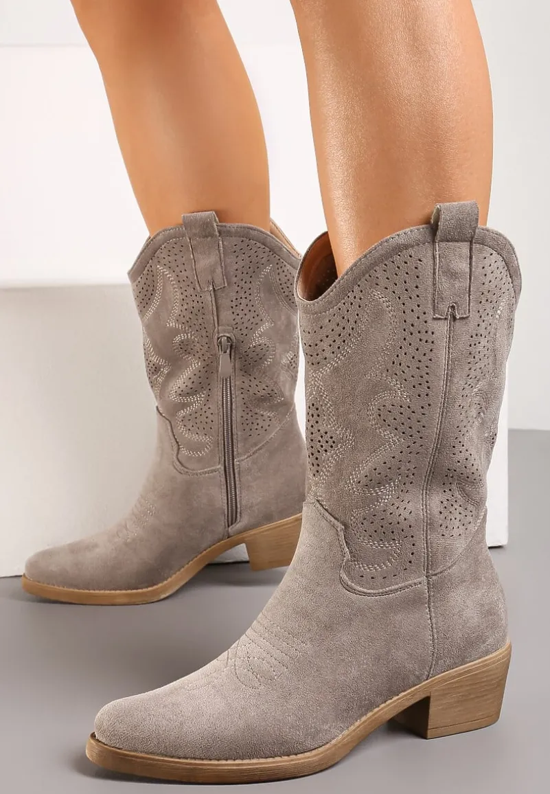 Szare Kowbojki Botki z Ozdobnymi Dziurkami na Łydce przed Kolano Erida