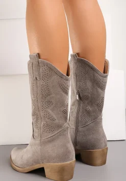 Szare Kowbojki Botki z Ozdobnymi Dziurkami na Łydce przed Kolano Erida