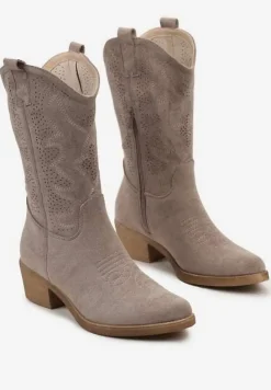 Szare Kowbojki Botki z Ozdobnymi Dziurkami na Łydce przed Kolano Erida