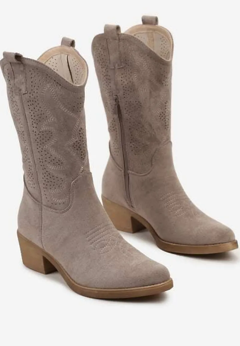 Szare Kowbojki Botki z Ozdobnymi Dziurkami na Łydce przed Kolano Erida